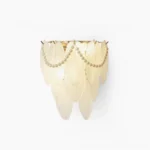 Feather Pearl Wall Sconce - frosted glass feather-shaped shade with pearl trim accent, front view on white background