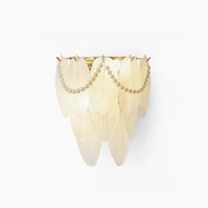 Feather Pearl Wall Sconce - frosted glass feather-shaped shade with pearl trim accent, front view on white background