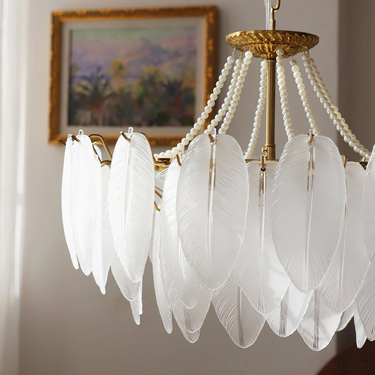 Close-up detail of feathered glass chandelier showing frosted glass texture and individual feather-shaped elements layered construction