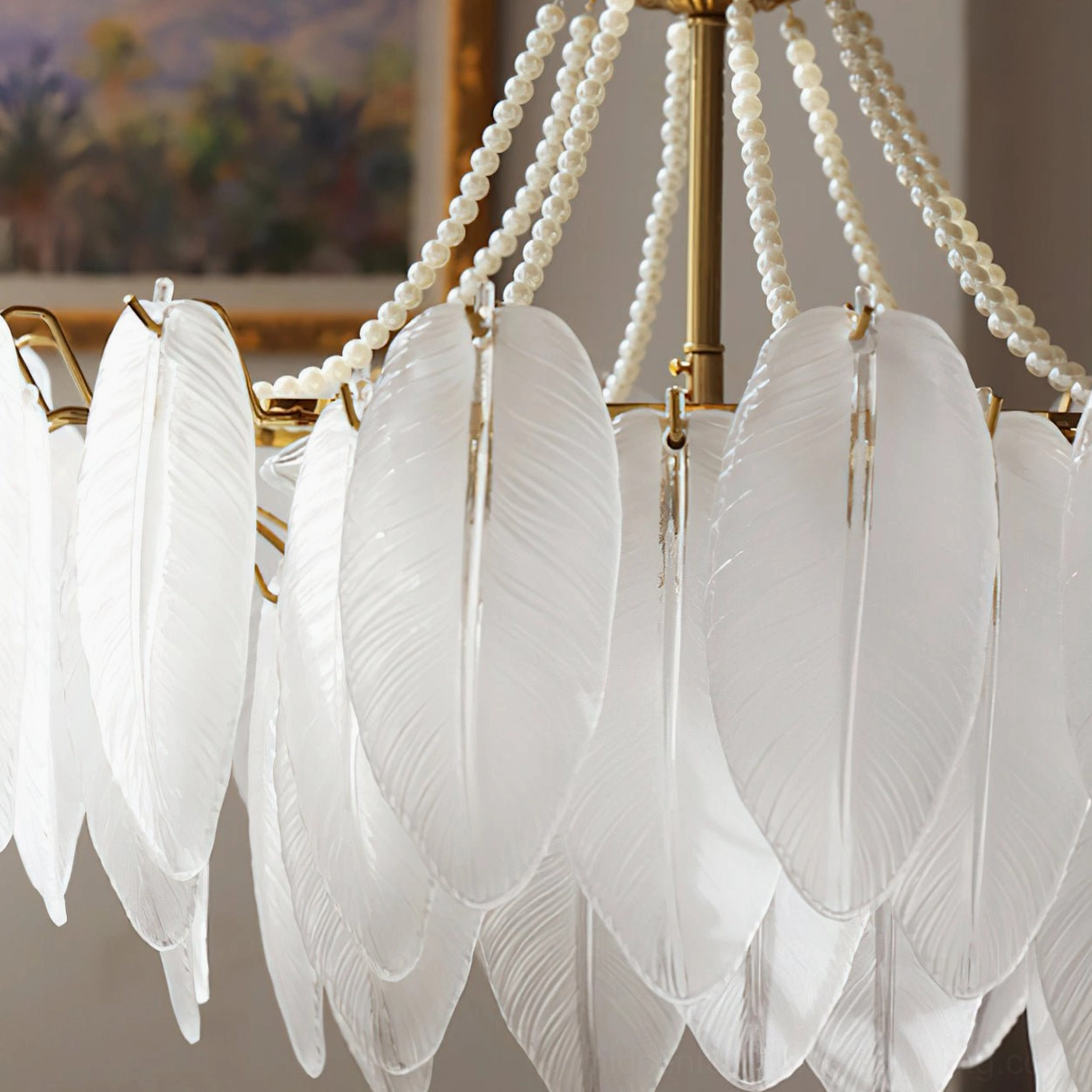 Feathered glass chandelier installed in commercial gallery setting demonstrating artistic presence and sculptural quality as focal point