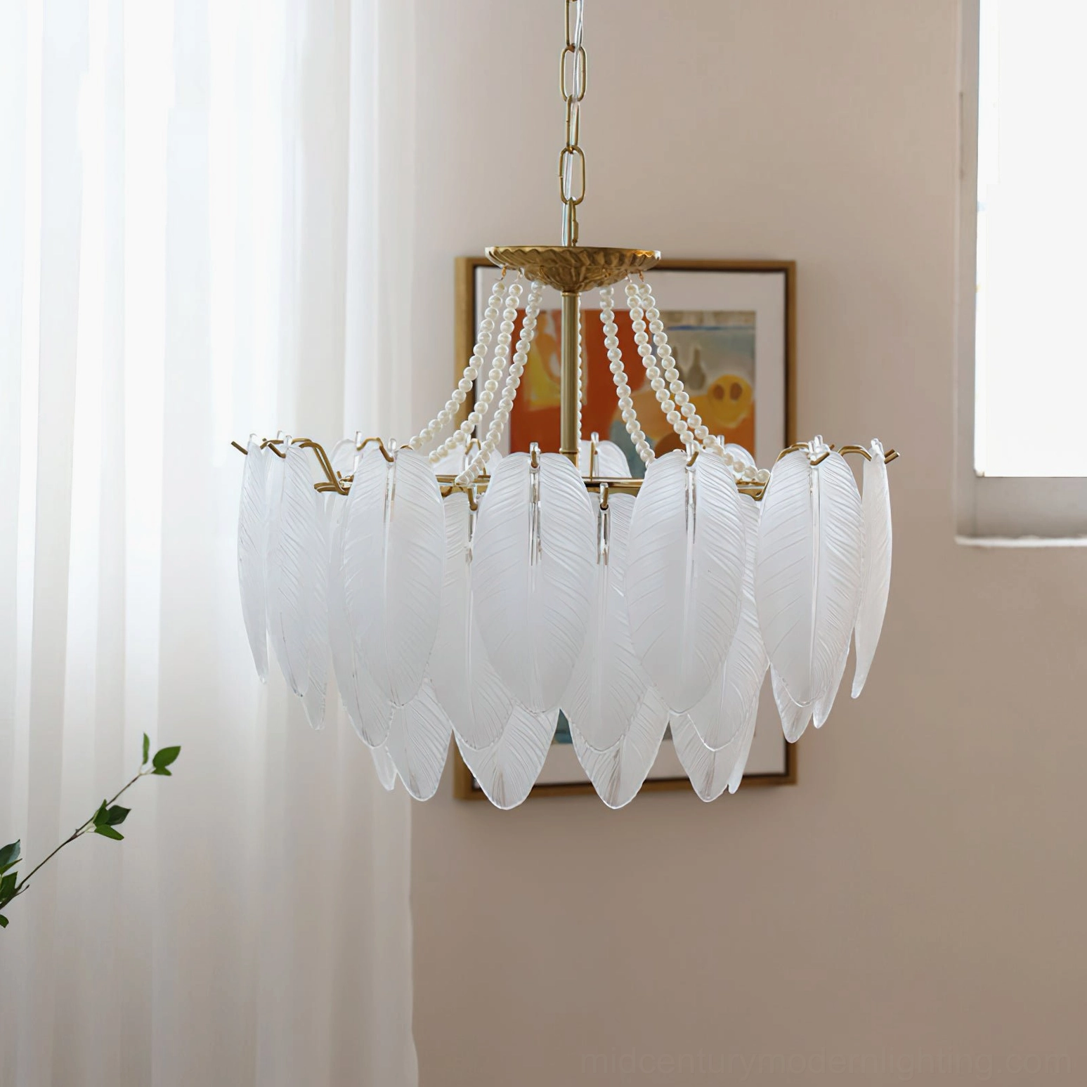 Detailed view of feathered glass chandelier showcasing individual molded glass feather elements and suspension chain hardware