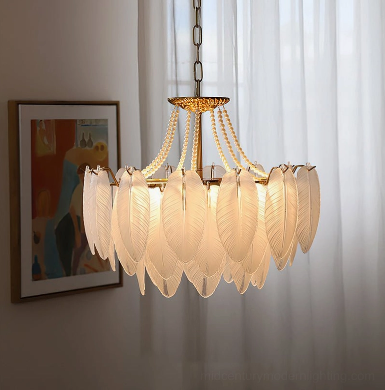 Medium 19.7-inch feathered glass chandelier installed in small dining area or entryway, showcasing versatile placement options