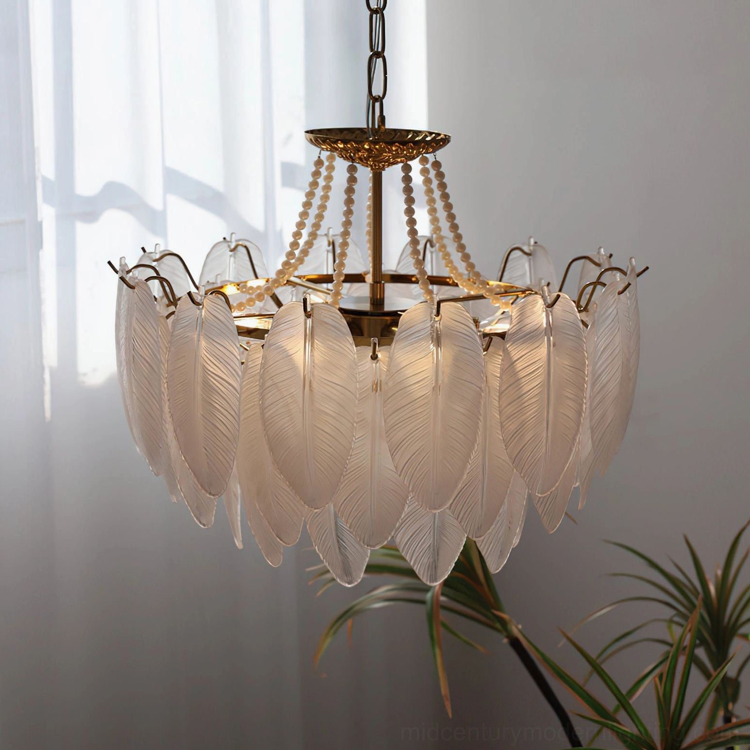 Night-time photograph of illuminated feathered glass chandelier creating ethereal glow and warm ambient lighting in modern home interior