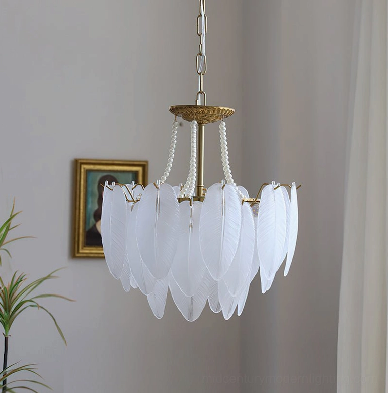 Small 15.7-inch feathered glass chandelier with gold frame in bedroom or intimate study space, perfect for cozy interior design