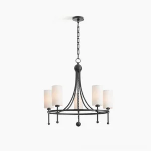 Fenwick 5-light black matte chandelier with white fabric cylinder shades, front view on white studio background