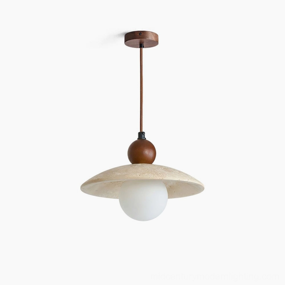 Ferox travertine pendant light with frosted opal globe - front oblique studio view showing beige stone disc shade and walnut wood hardware