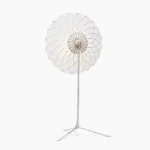 Filigree LED floor lamp front view featuring intricate chrome wire-frame structure and white cylindrical shade against white background