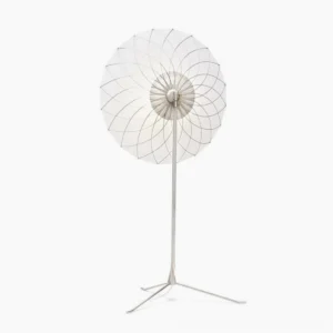Filigree LED floor lamp front view featuring intricate chrome wire-frame structure and white cylindrical shade against white background