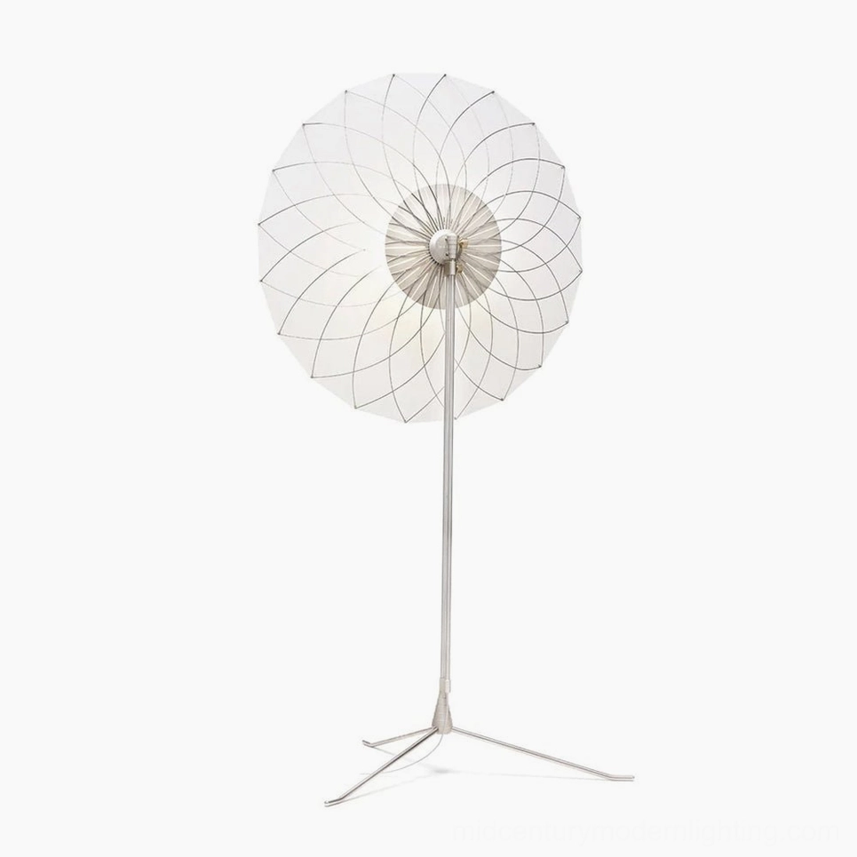 Filigree LED floor lamp front view featuring intricate chrome wire-frame structure and white cylindrical shade against white background