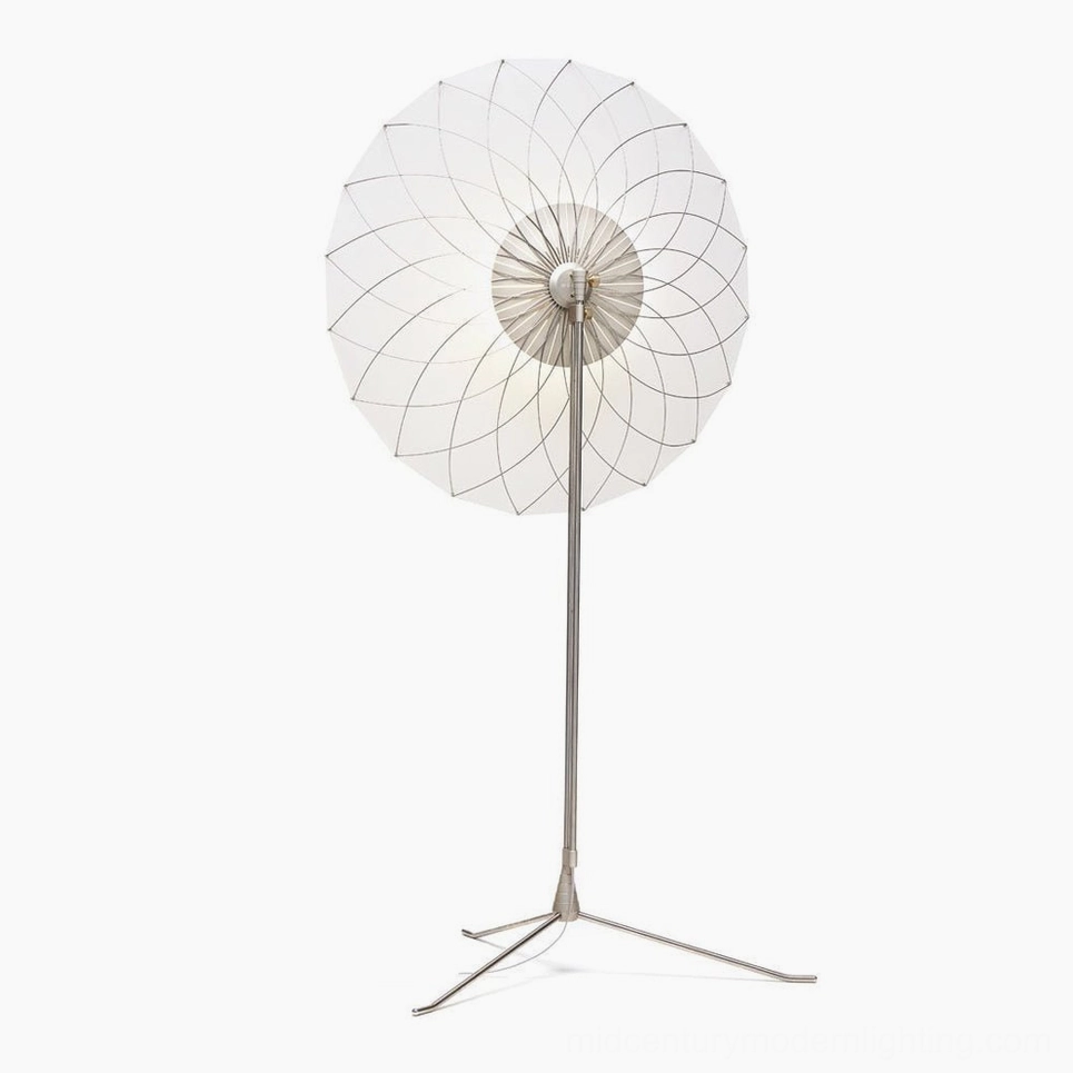 Modern filigree floor lamp displaying delicate metal lattice pattern and round fabric shade in minimalist composition