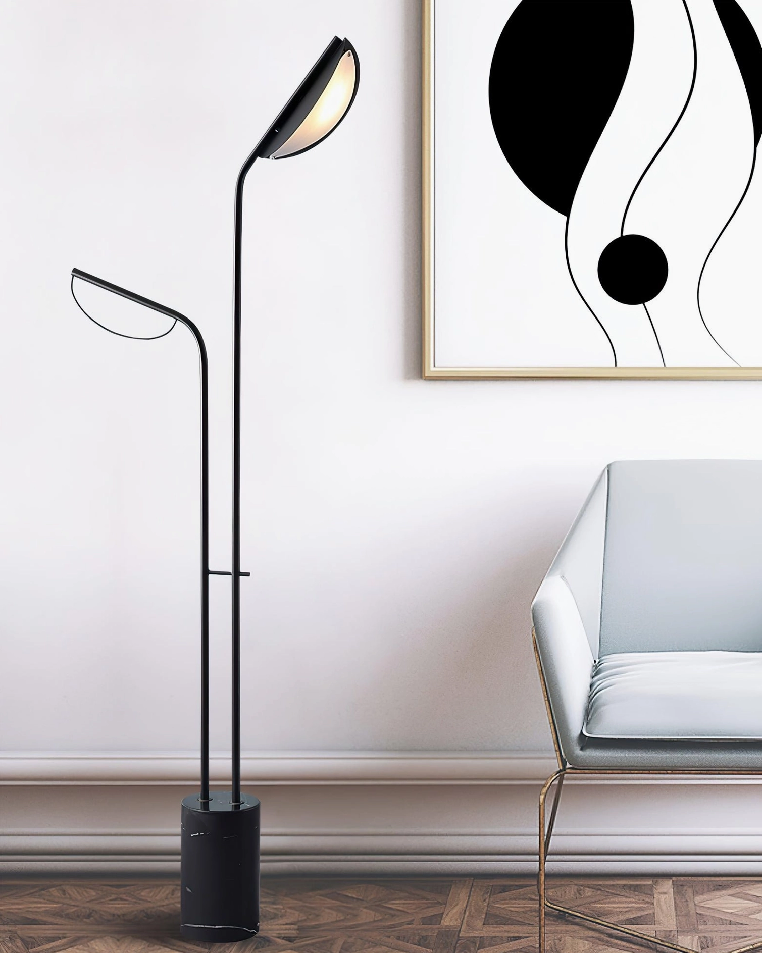 Black Filo minimalist floor lamp in modern living room accent with chair and gallery wall - frontal contemporary interior view