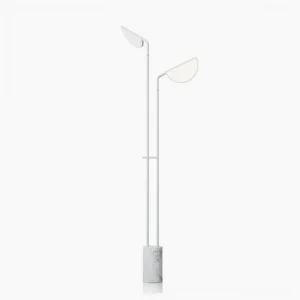 Filo minimalist floor lamp with dual leaf-shaped diffusers in white finish, sleek metal pole, and marble base - front studio view
