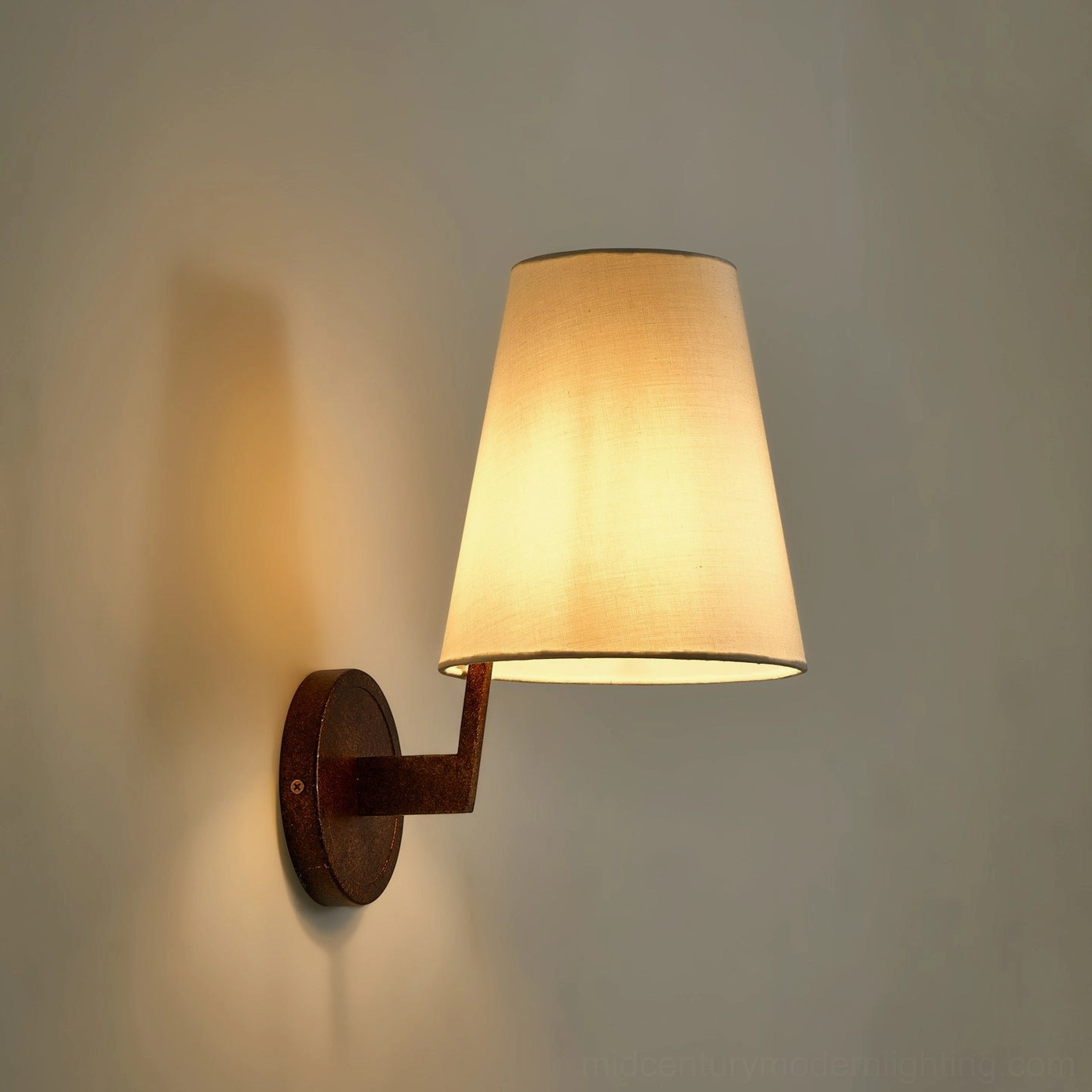 Finley wall sconce premium fabric shade and metal bracket composition, minimalist mid-century design aesthetic