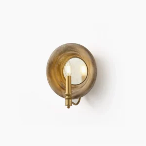 Finn mid-century modern wall sconce with weathered wooden circular frame and brass lamp holder, frontal studio view