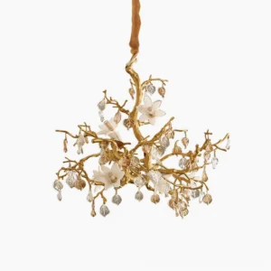 Fiori Brass Chandelier with ceramic flowers and crystal leaves, front studio view on white background
