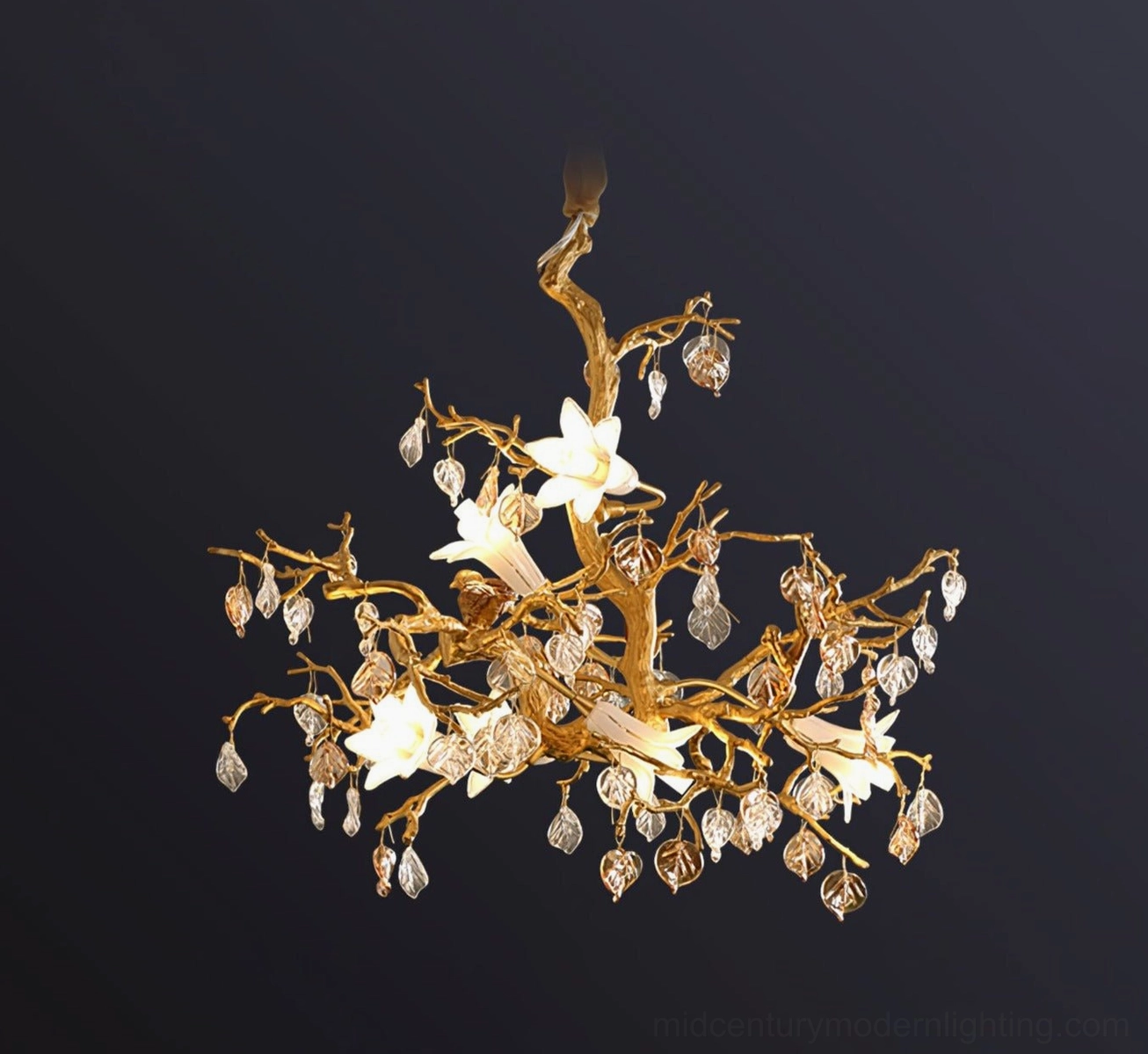 Fiori Brass Chandelier 50cm x 50cm sculptural ceiling fixture with ceramic flowers and crystal leaves