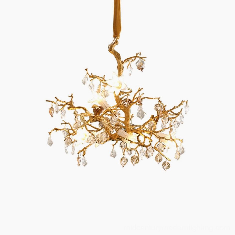 Fiori decorative floral branch chandelier with white ceramic flowers and hand-shaped crystal glass accents