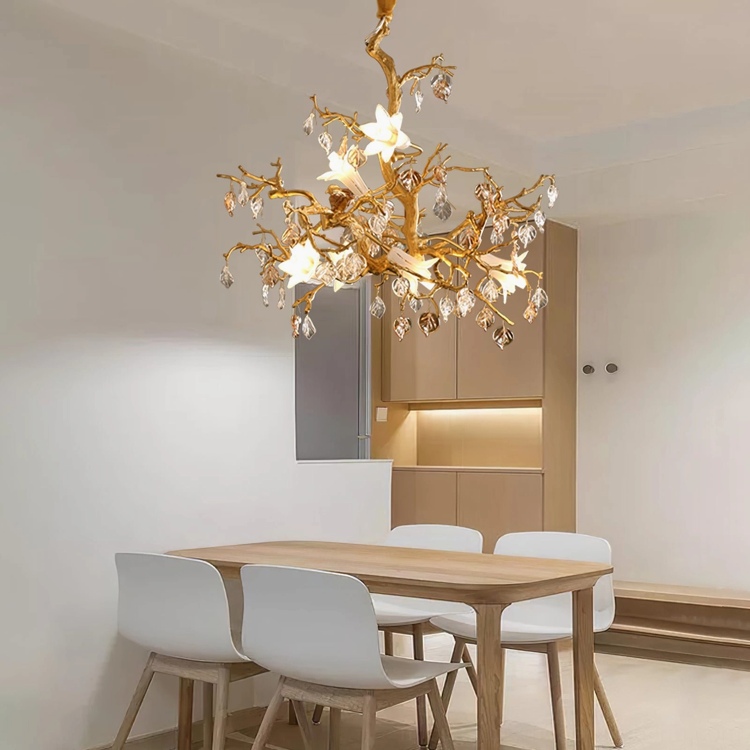 Fiori ceramic flower chandelier installed in modern dining room with wooden table, ambient lighting
