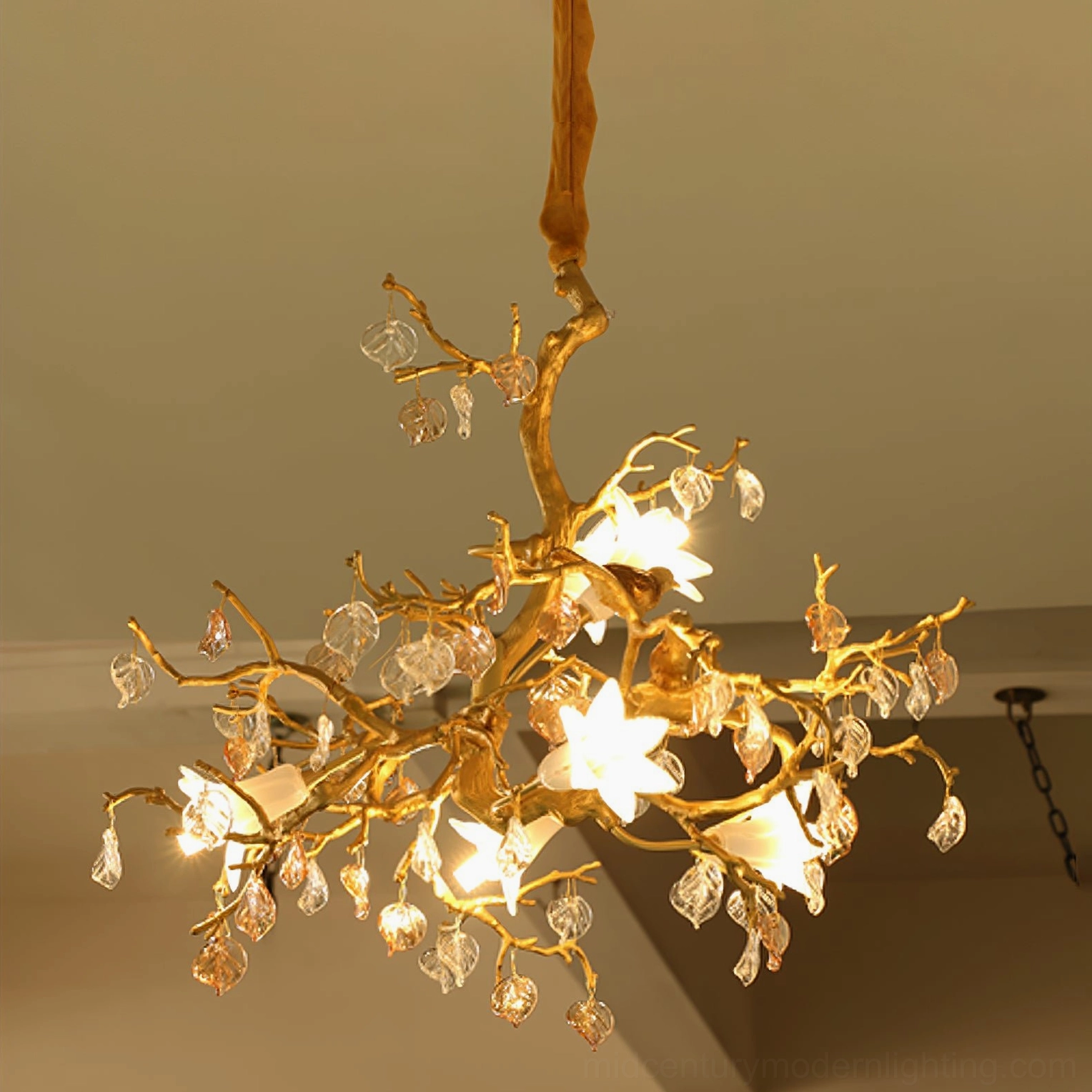 Fiori chandelier overhead angle showcasing complete sculptural form, ceramic flowers and crystal leaf arrangement