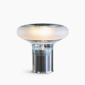 FIVE mouth-blown glass table lamp with frosted white shade and polished chrome base - studio front view