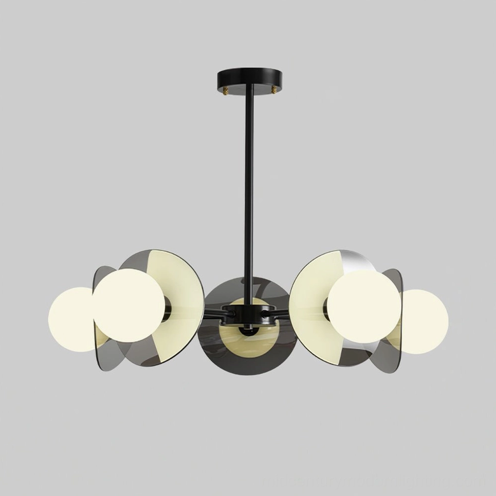 Five-head Alonso sputnik chandelier mid-size modern lighting fixture showcasing balanced geometric proportions and brass framework