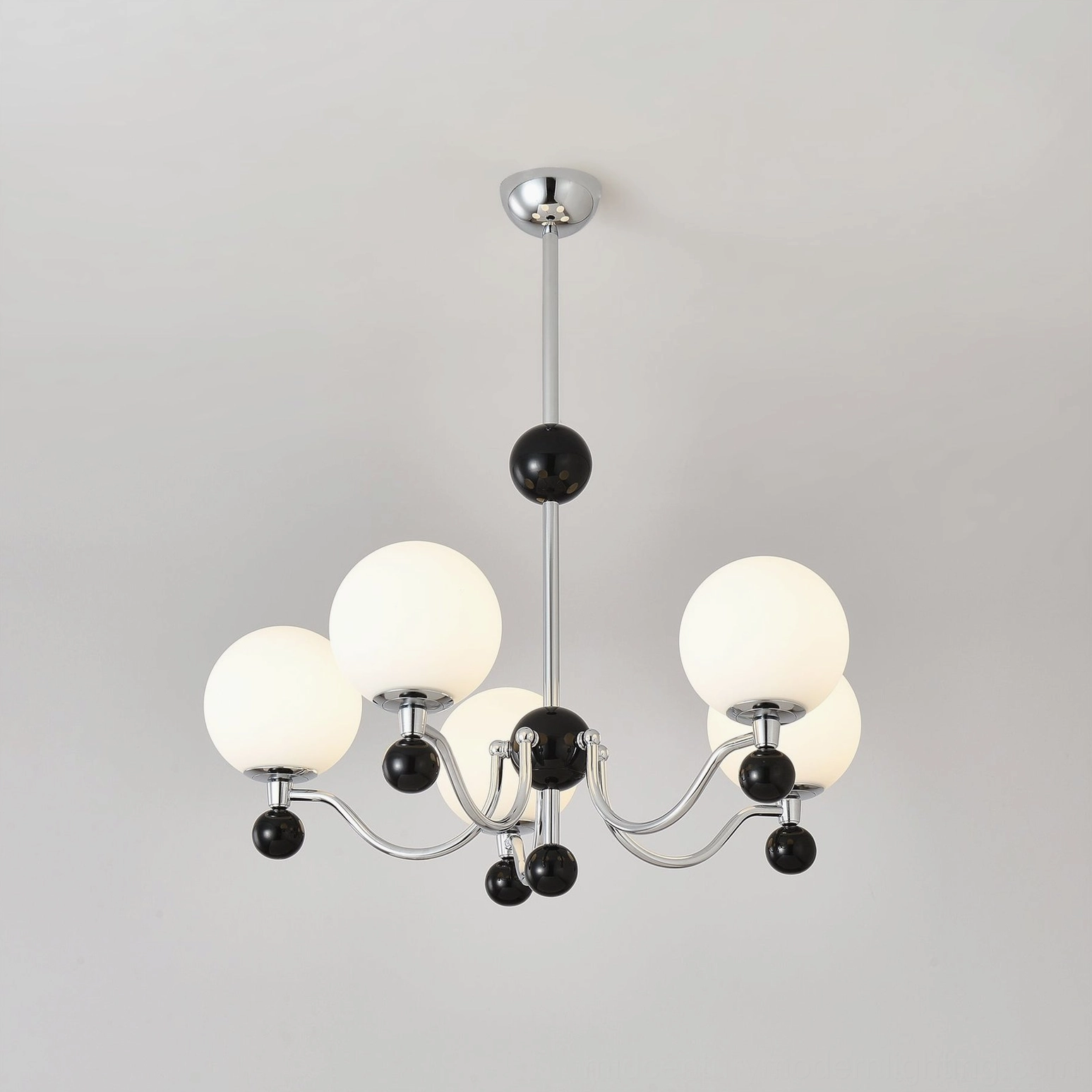 Five-head modern spherical chrome chandelier with black decorative accents product view