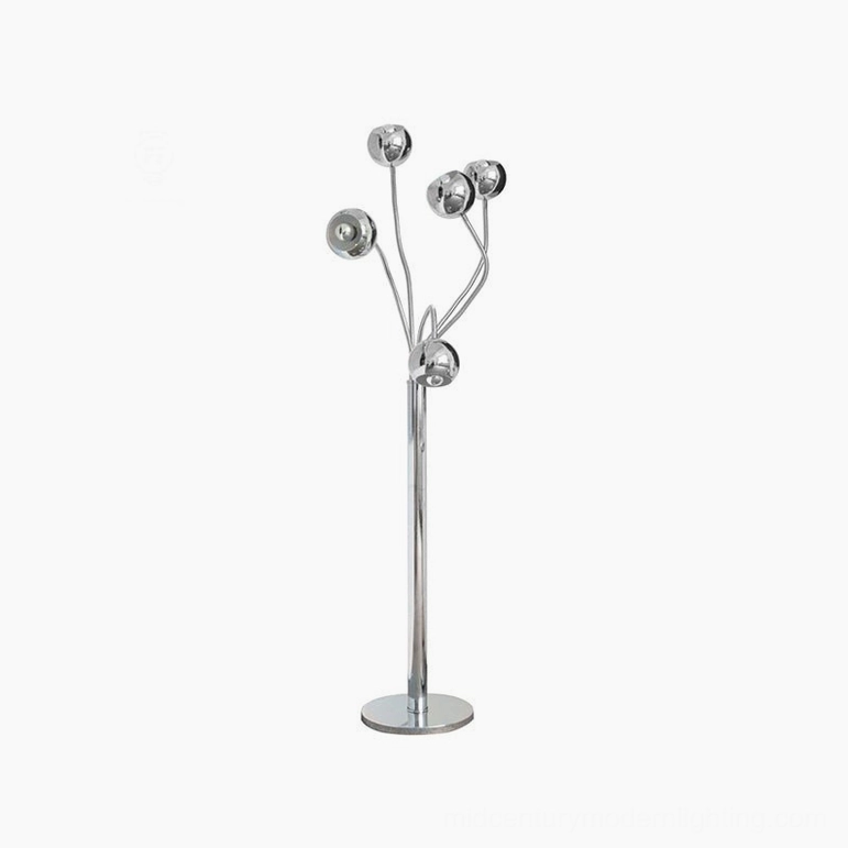 Five-head chrome eyeball floor lamp in modern living space demonstrating adjustable multi-directional lighting capability