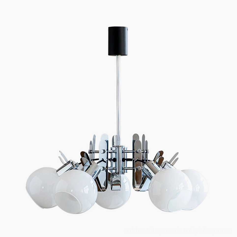 Five-head geometric glass chandelier variant with larger chrome frame in residential living space