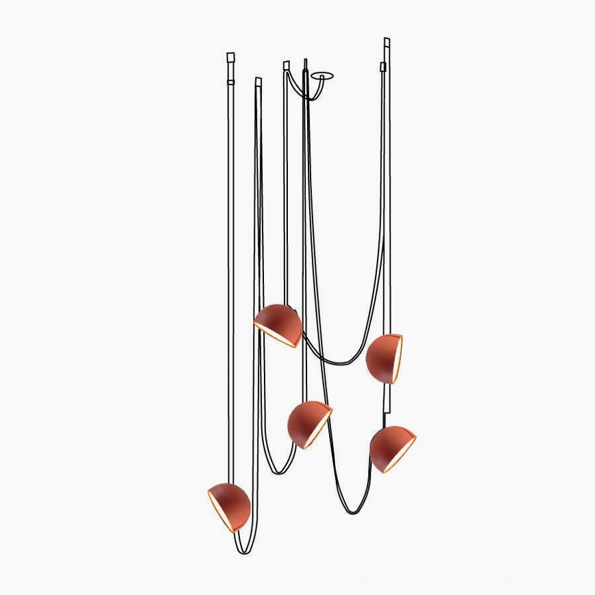 Five-head orange leather sling pendant lamp creating sculptural lighting installation