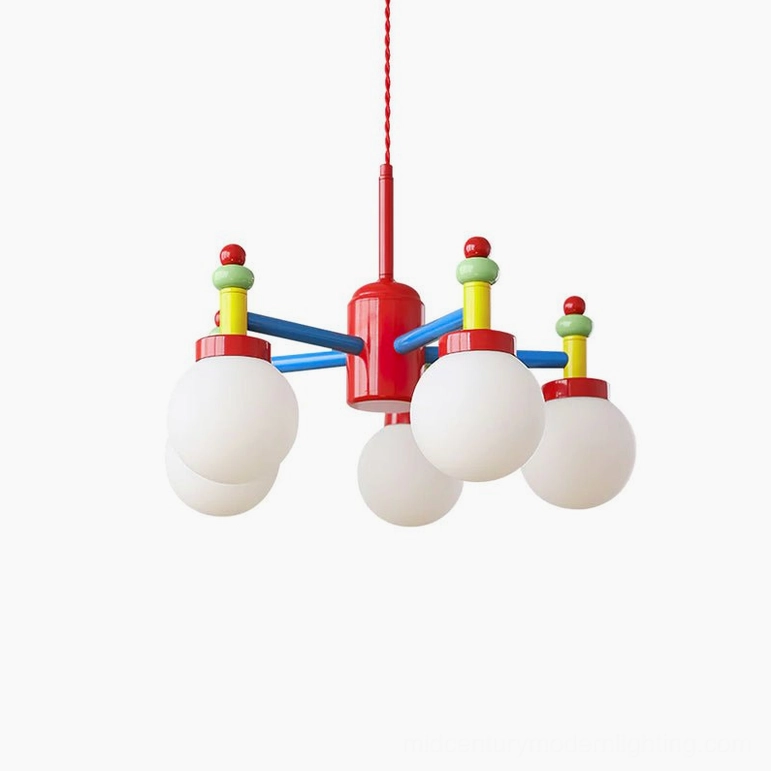 Five-head colorful pendant light configuration on white background product photography