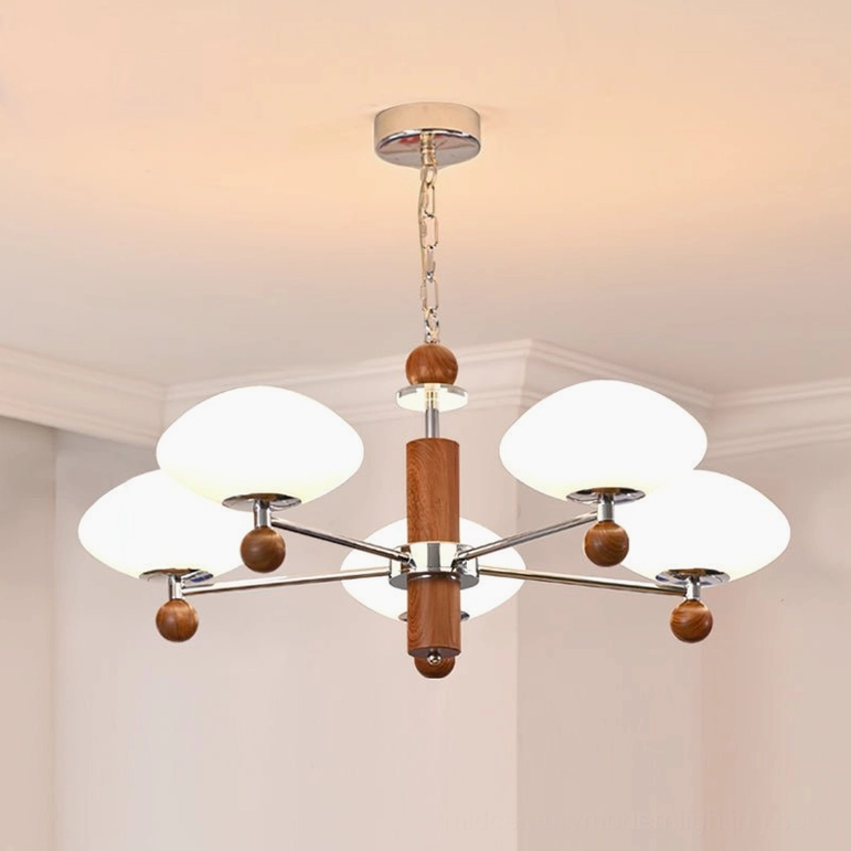 Five-head pointed chandelier dimensions showcase - mid-century modern pendant with balanced chrome arms and glass shades