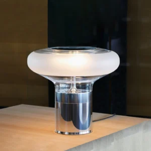 Modern FIVE table lamp on wooden side table with frosted glass shade - interior design setting
