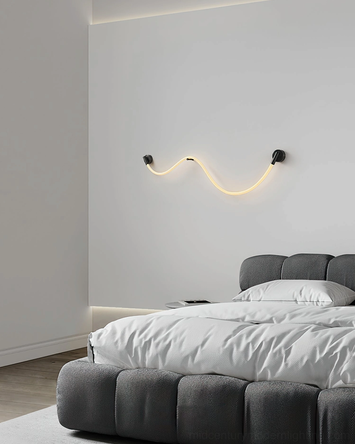 Flecto Tube wall lamp providing subtle warm LED glow as bedside accent lighting in modern master bedroom interior