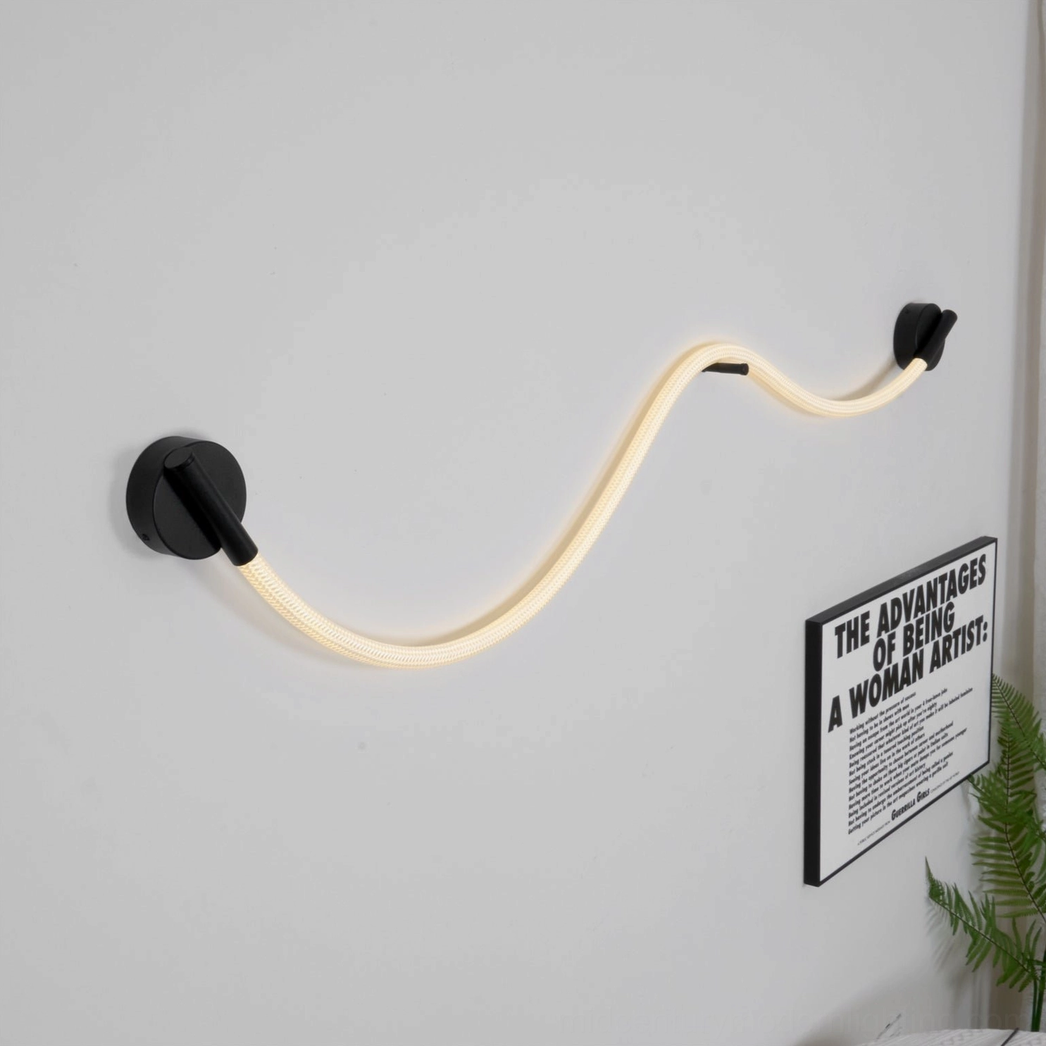 Flecto Tube Model A size reference showing 65cm length with warm LED illumination in interior context