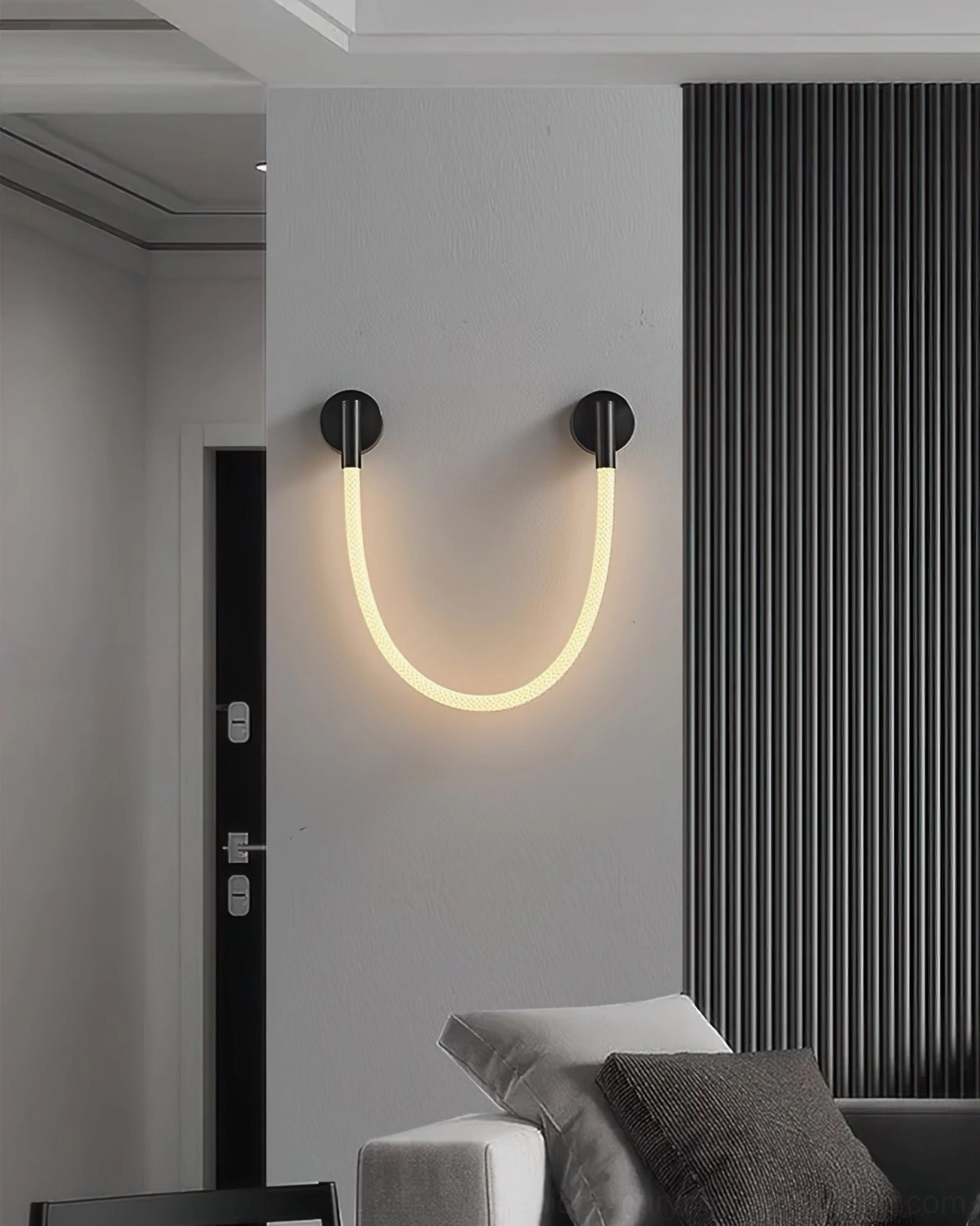 Flecto Tube wall lamp unlit product shot emphasizing woven fiber exterior and sculptural form potential