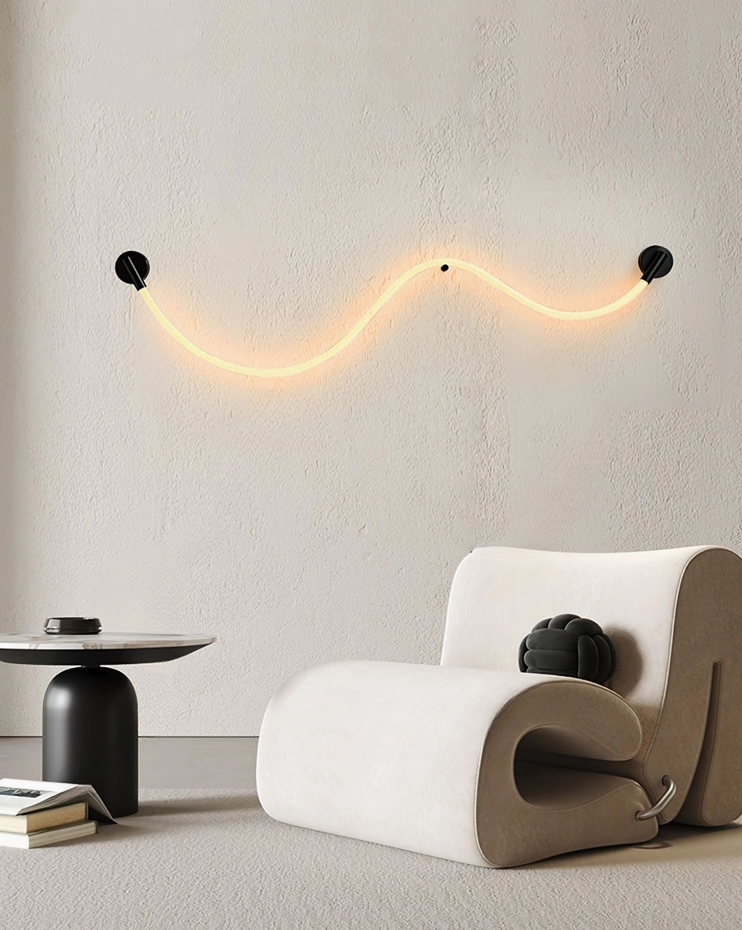 Wavy Flecto Tube flexible wall lamp installed in minimalist lounge creating warm decorative ambient lighting in contemporary living space