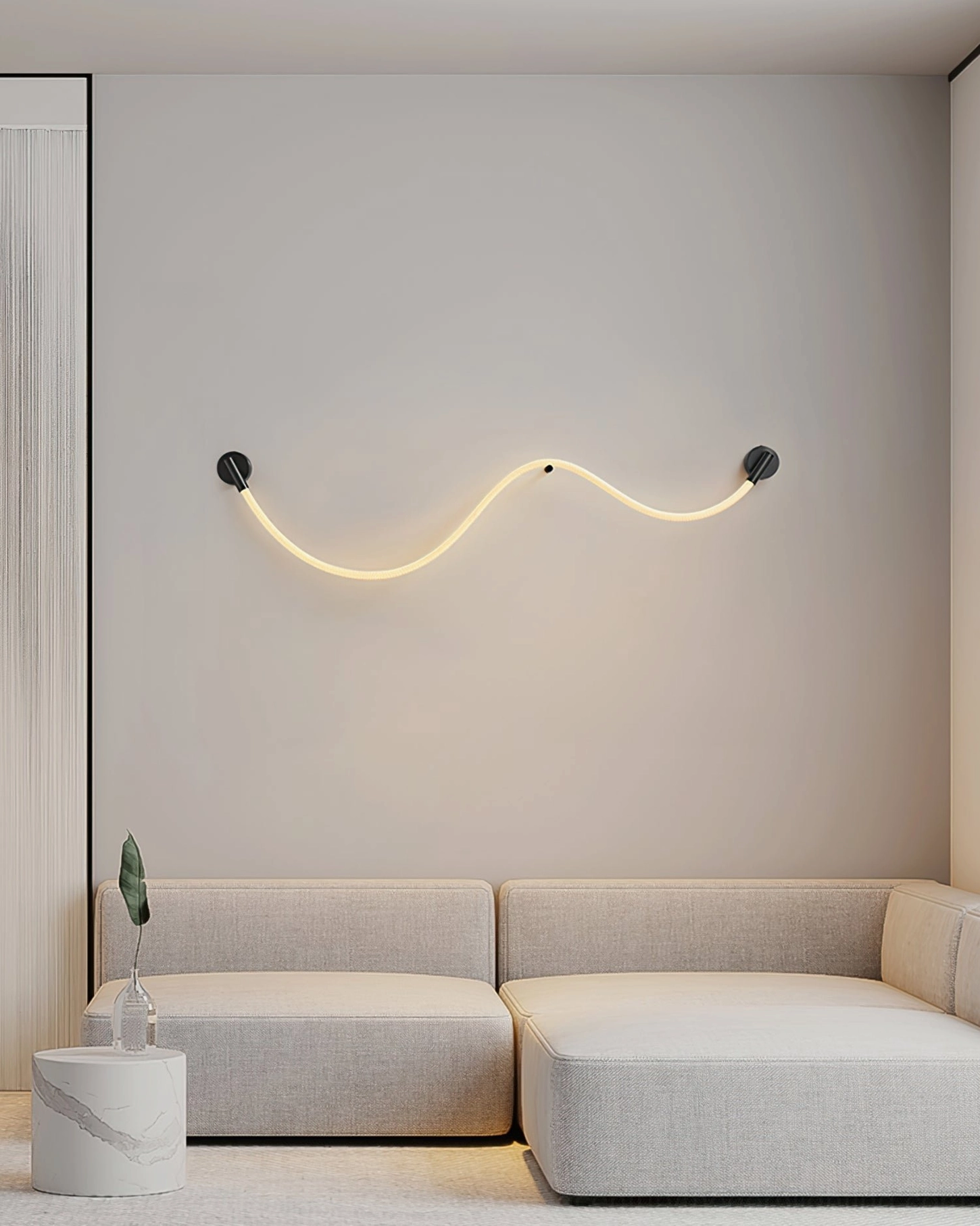 Flecto Tube flexible LED wall lamp showing fiber woven texture and warm light quality in interior setting