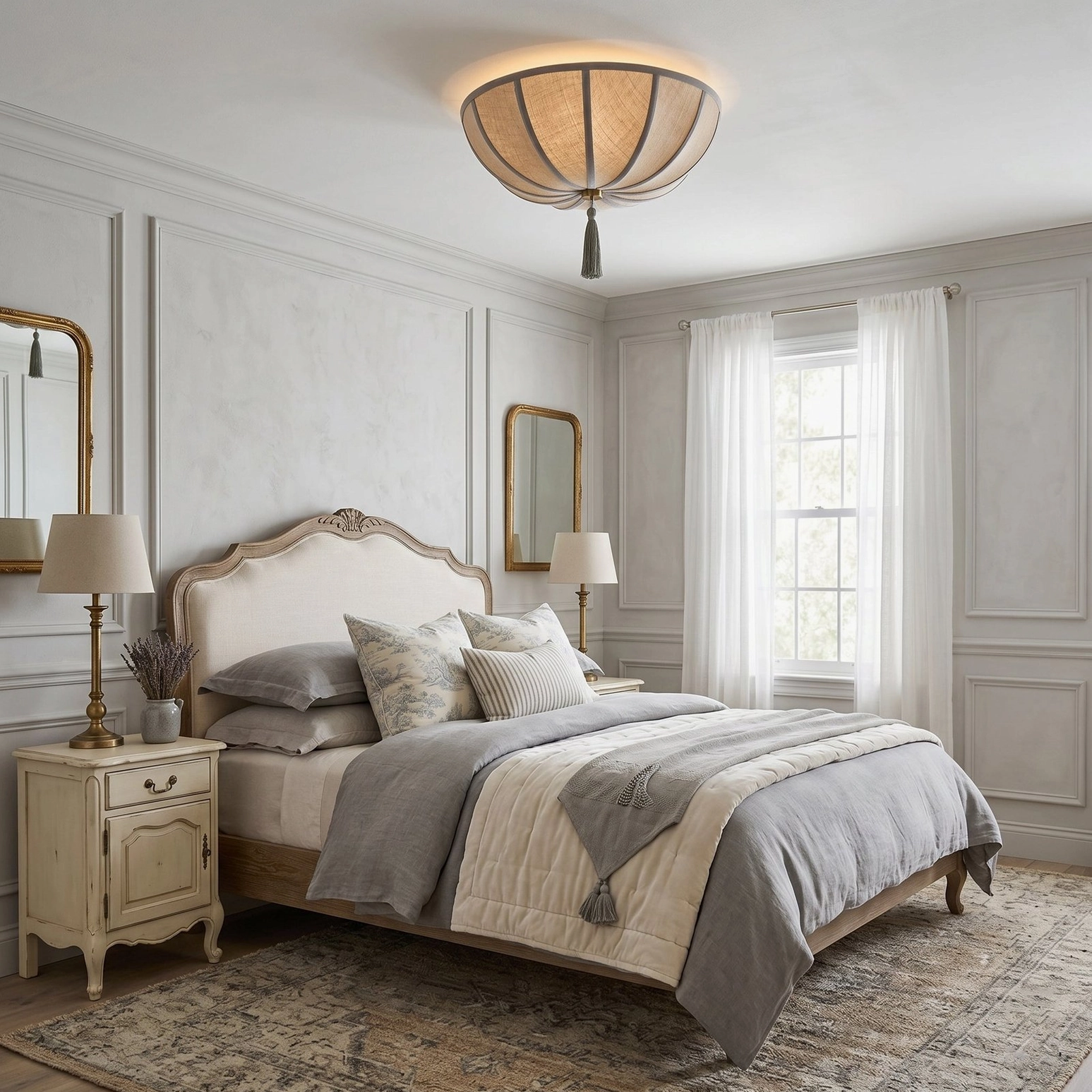 Fleur vintage ceiling light in French-style bedroom with paneled walls and neutral elegant bedding