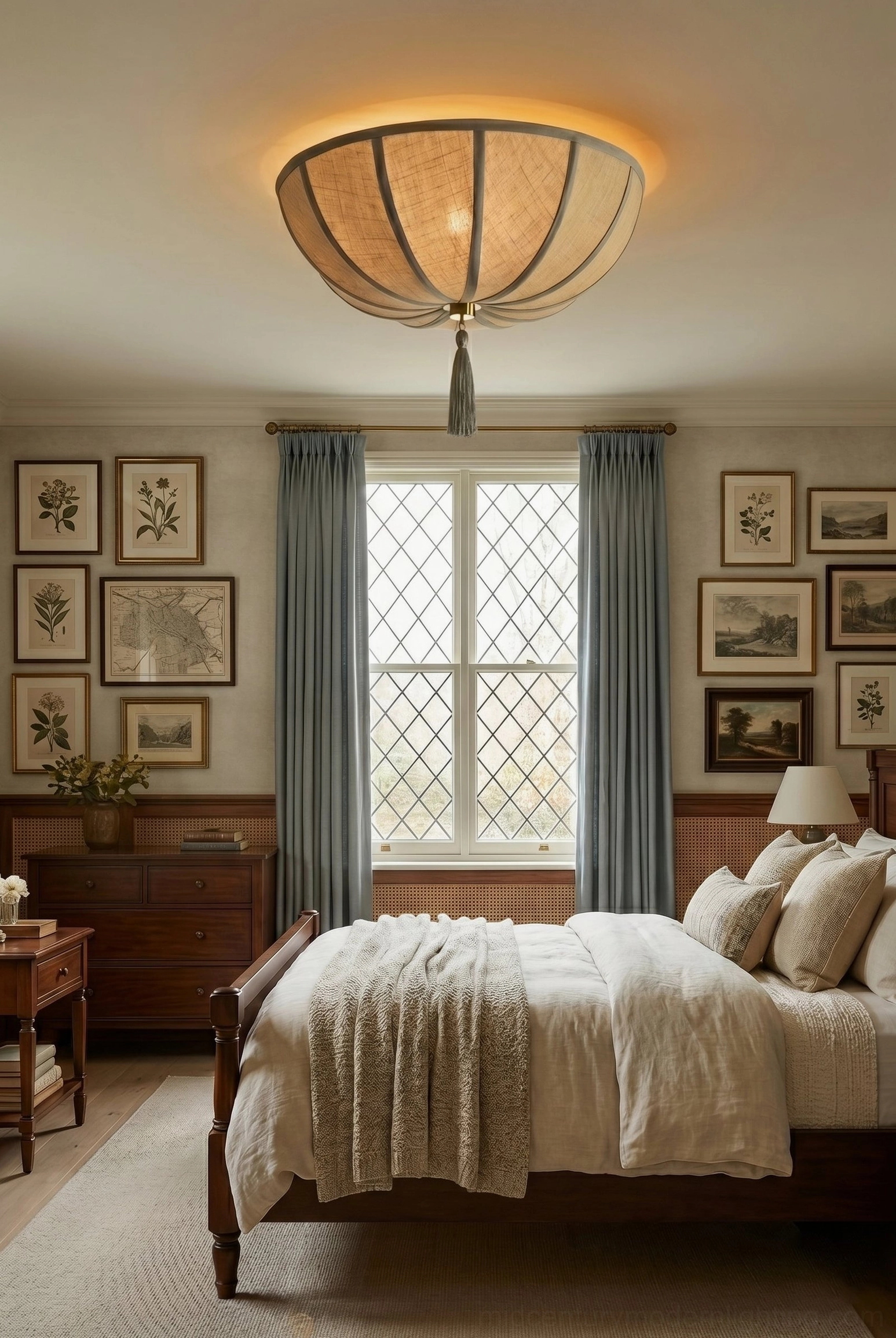 Fleur ceiling light fixture in warm vintage bedroom with wooden furniture and gallery wall display