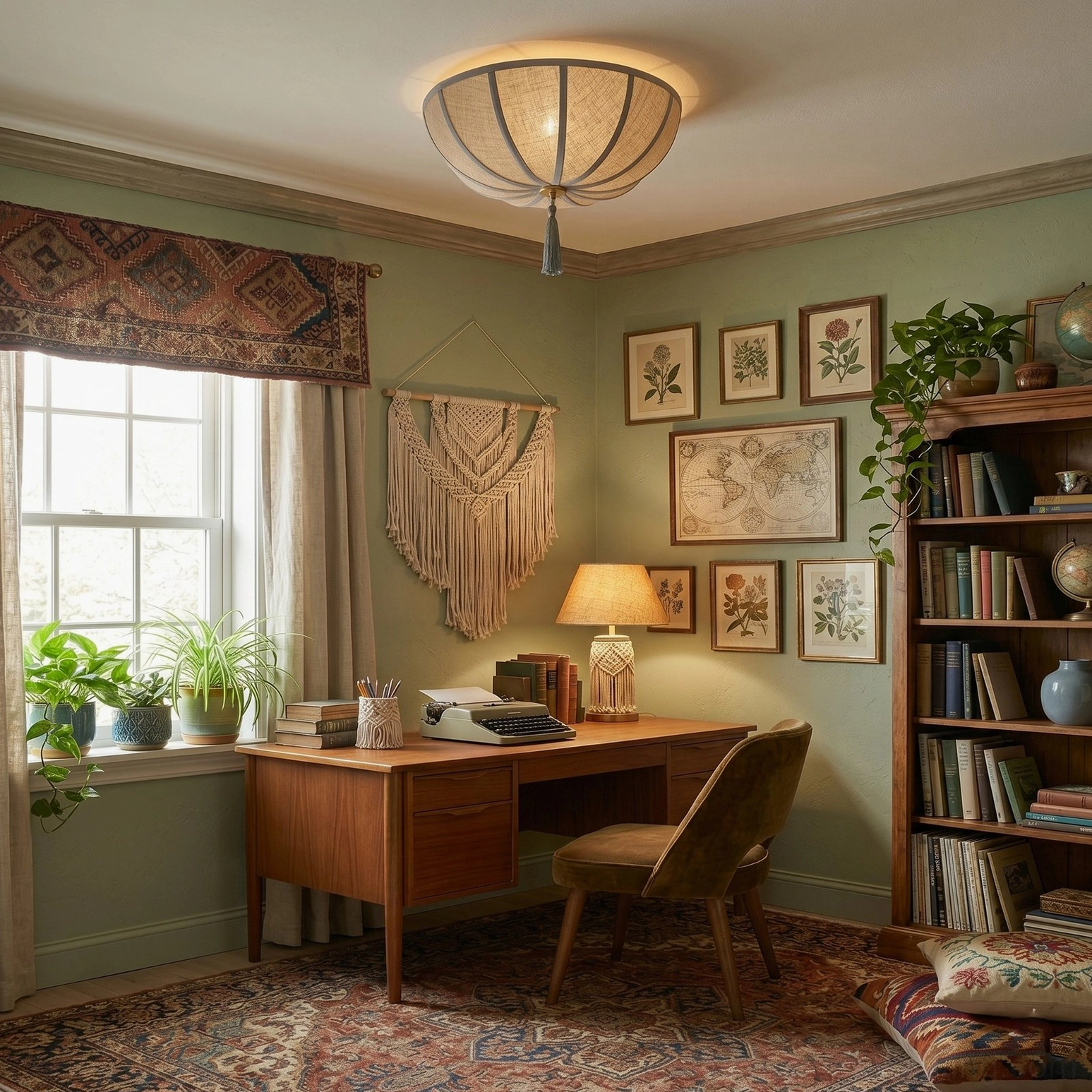 Fleur fabric ceiling light in vintage home office workspace with green walls and retro wooden furniture