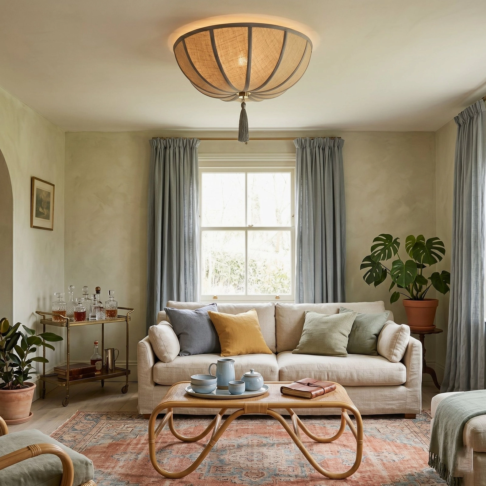 Fleur vintage ceiling light installed in classic living room with cottage decor and neutral furnishings