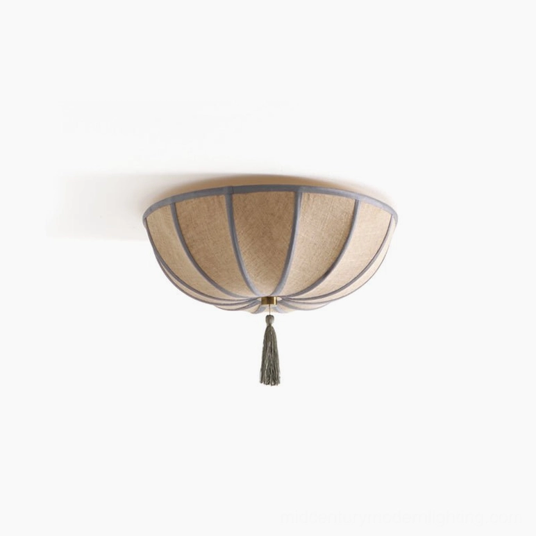 Fleur small ceiling light in 40cm diameter size with beige fabric shade and sage trim detail