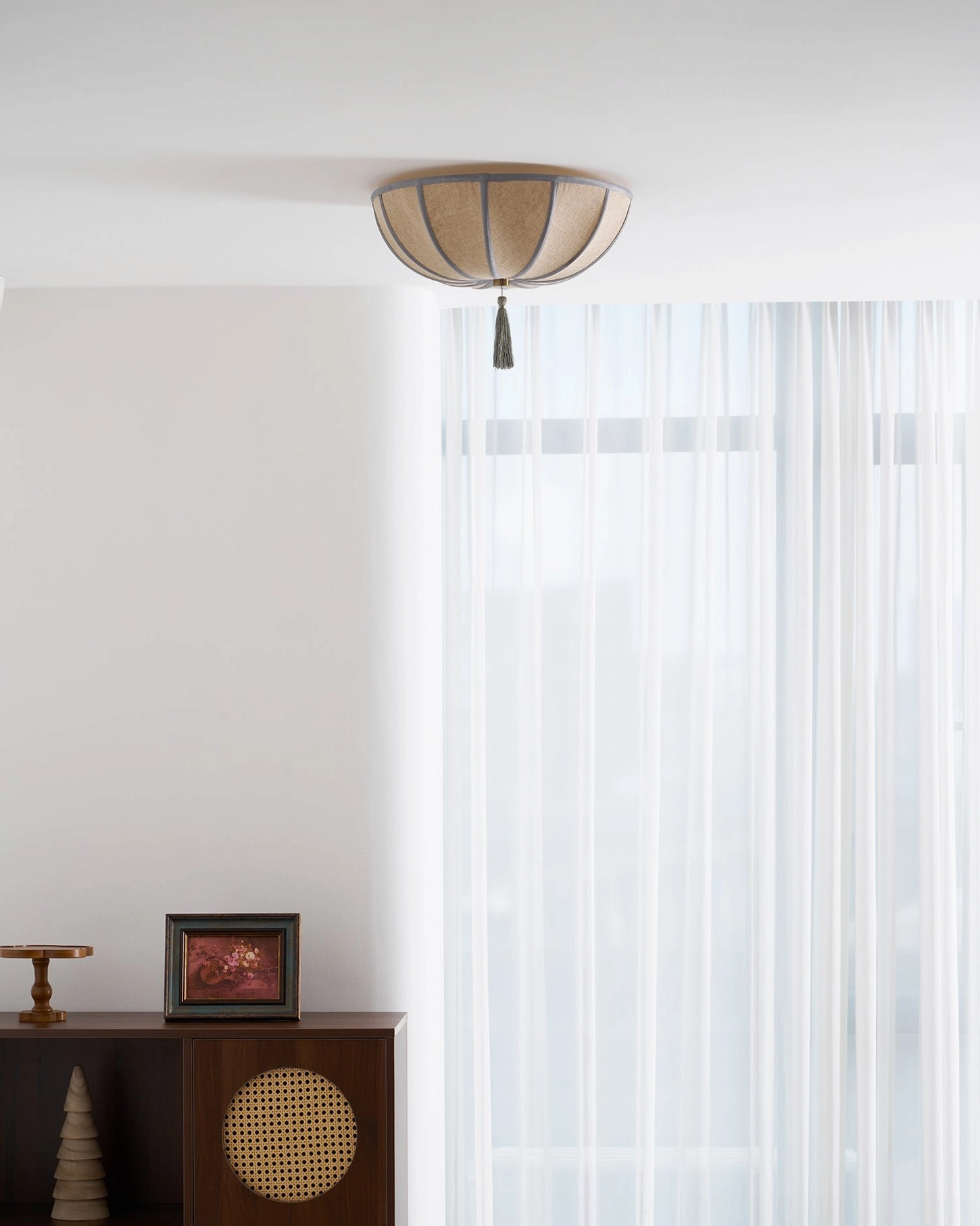 Fleur fabric ceiling light small diameter version in compact bedroom or hallway space