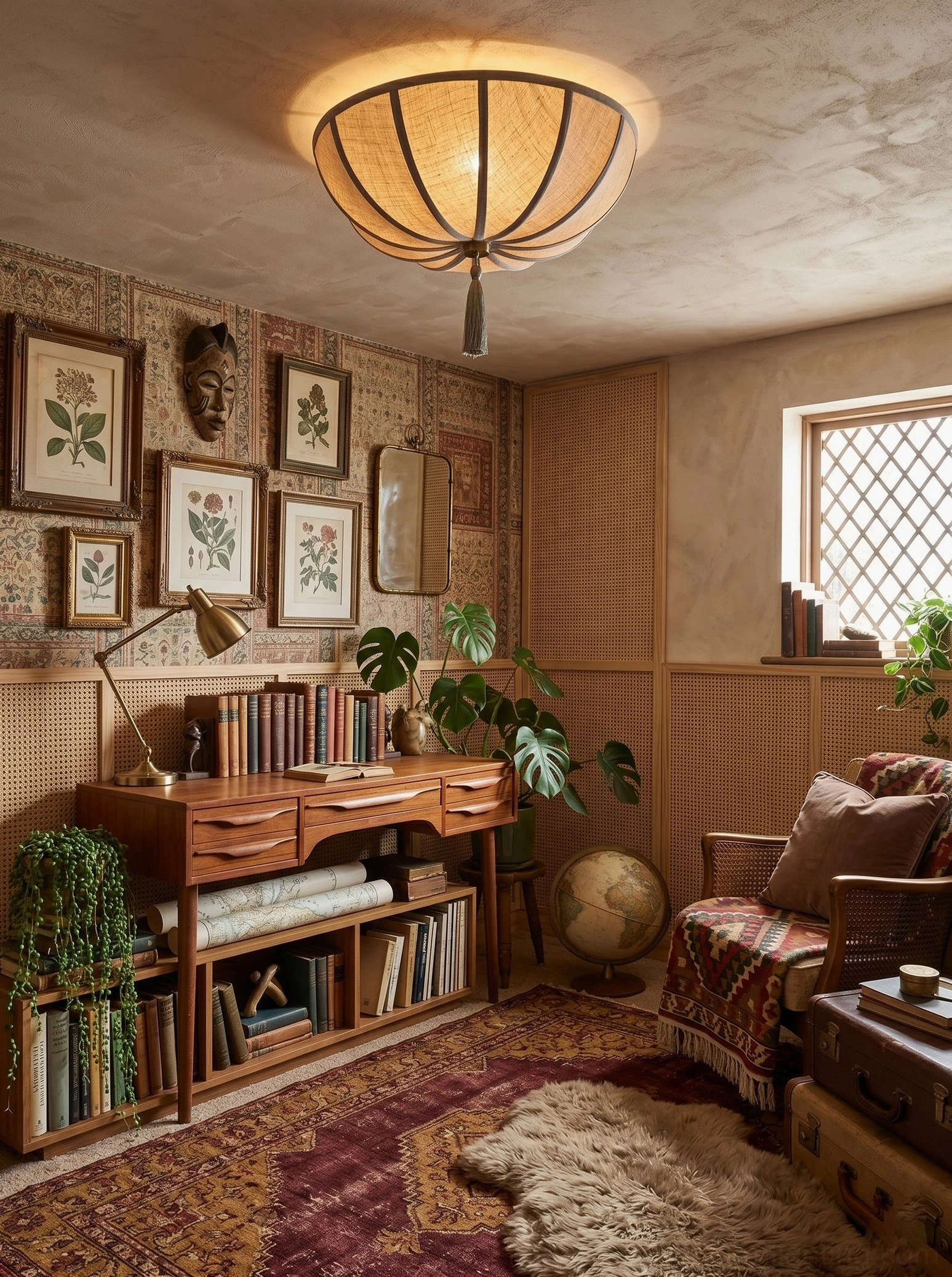 Fleur flush-mount ceiling light in study lounge with wooden bookshelves and gallery wall decor