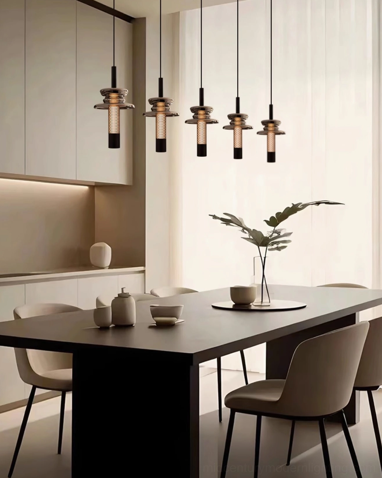 Float pendant light warm color temperature glowing through layered glass smoke material