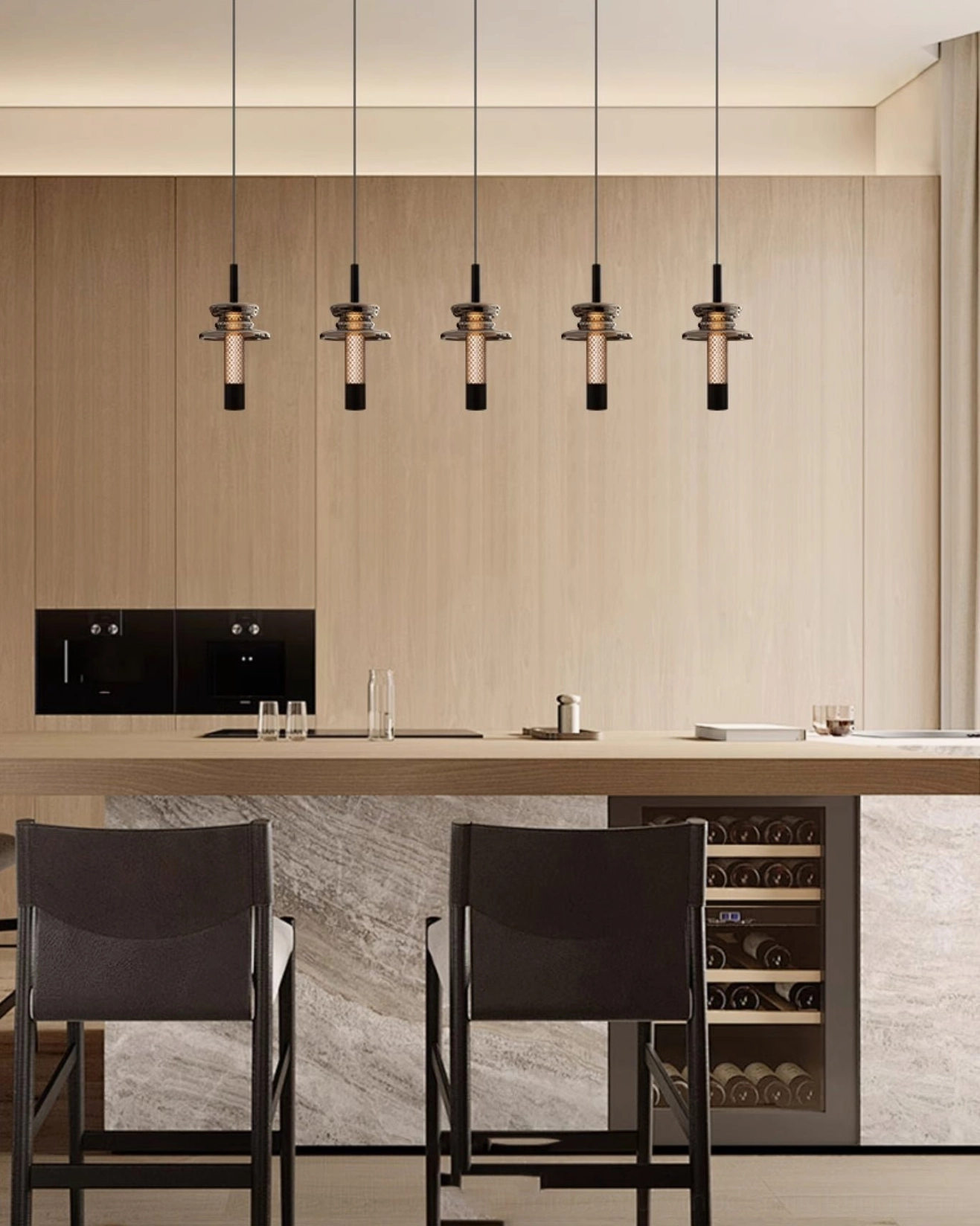 Linear arrangement of float pendant lights above kitchen island in modern minimalist kitchen