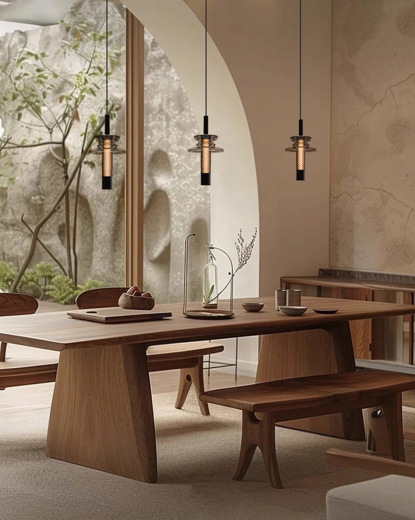 Multiple float pendant lights in linear row creating cohesive modern lighting design above counter