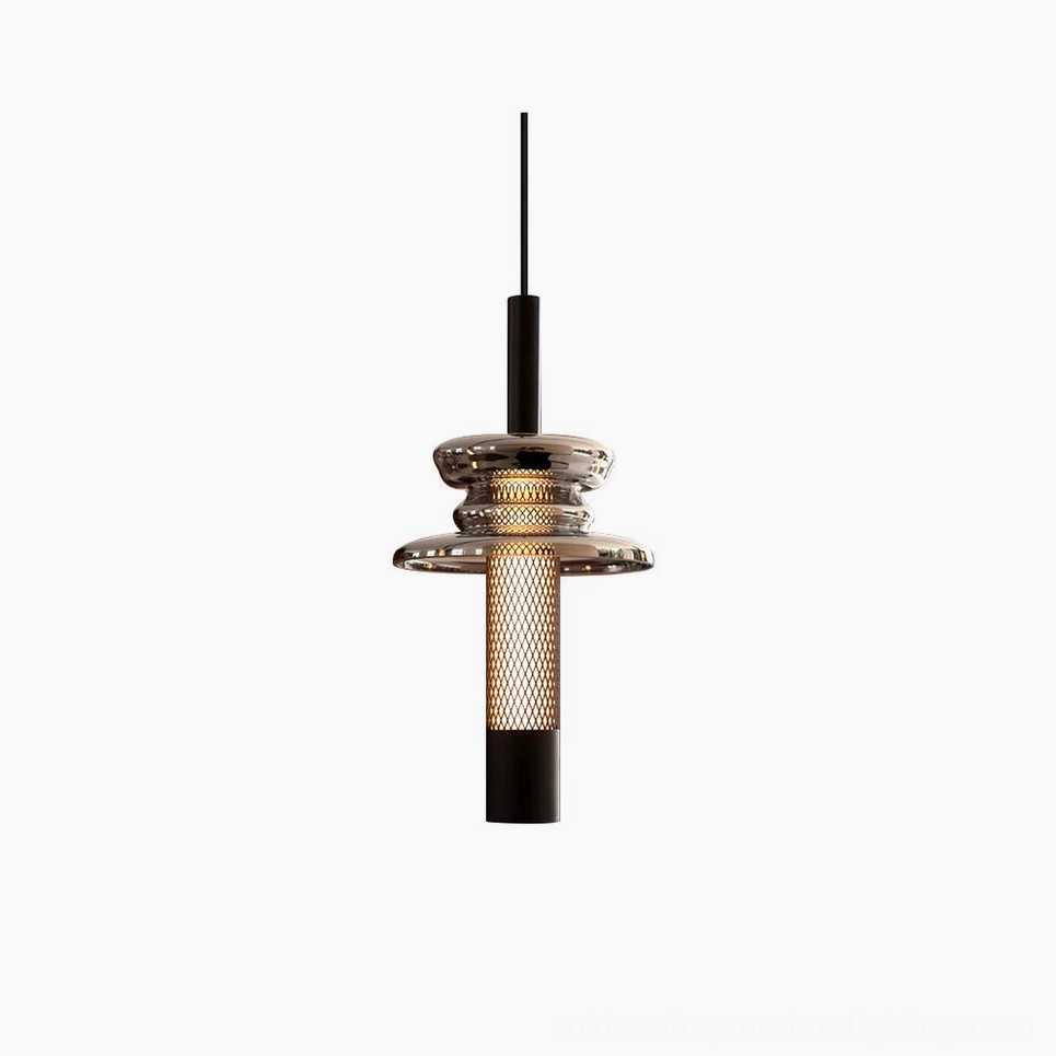 Float modern glass pendant light with smoke glass and perforated metal cylinder, front view studio shot