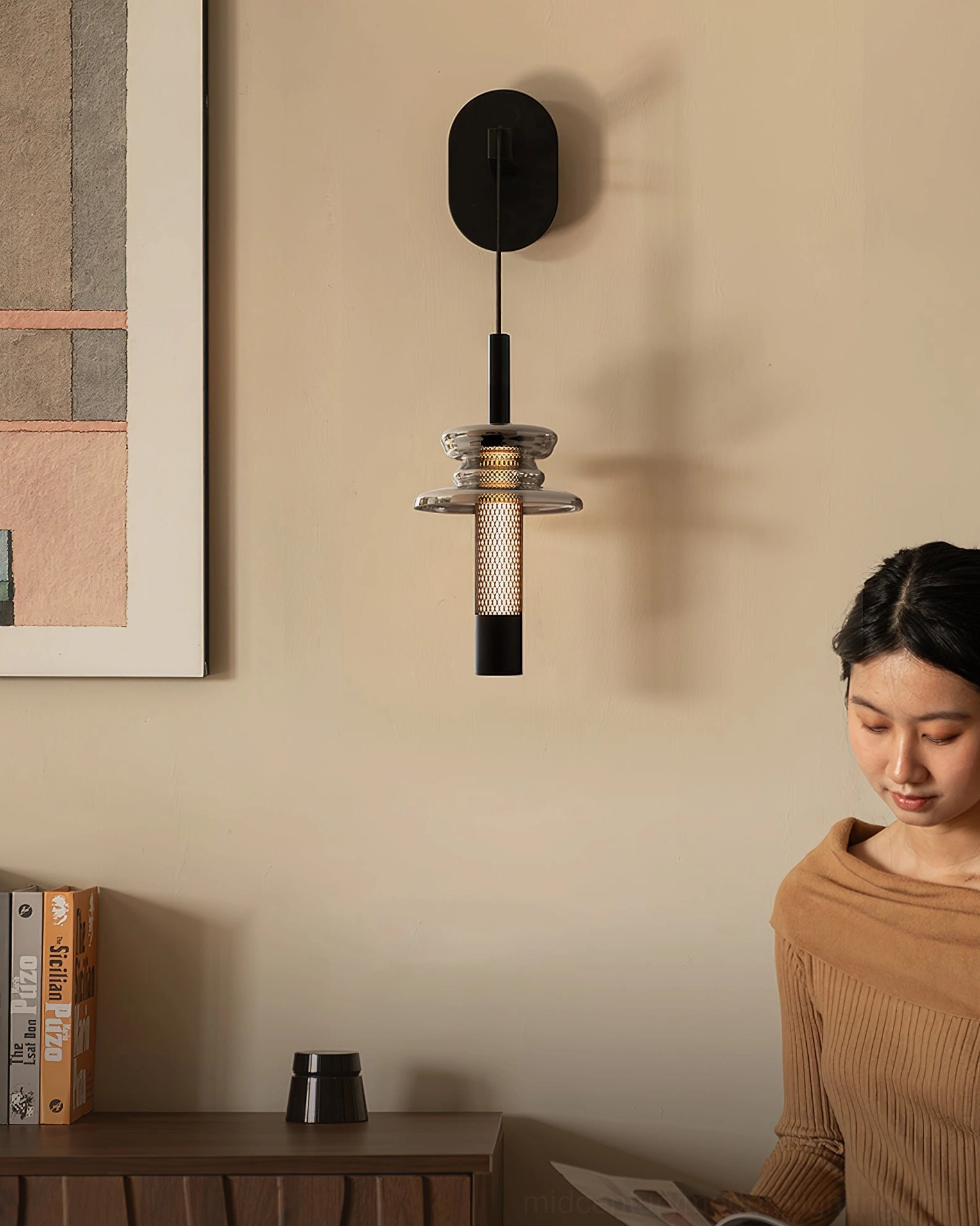 Contemporary Float wall lamp in warm minimalist bedroom interior - ambient lighting atmosphere