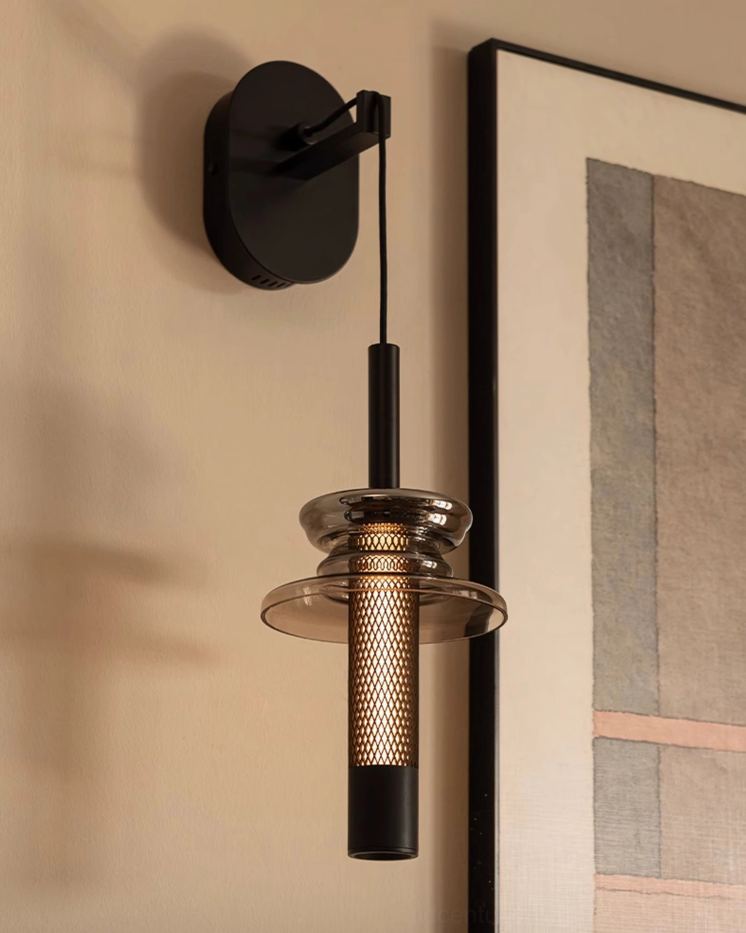 Float wall light fixture with black metal frame and smoked glass - architectural home interior styling